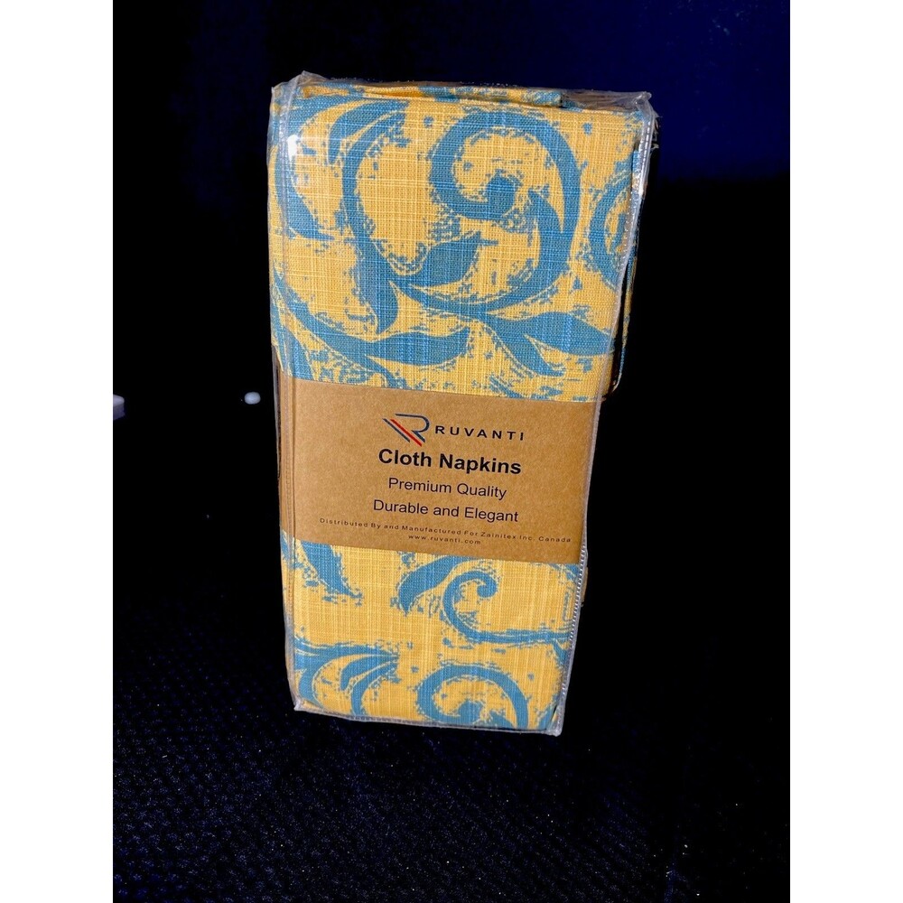 18 New Vintage Cloth Napkins Set 12 Vine Spirals Blue Gold 18x18 100%  NEW